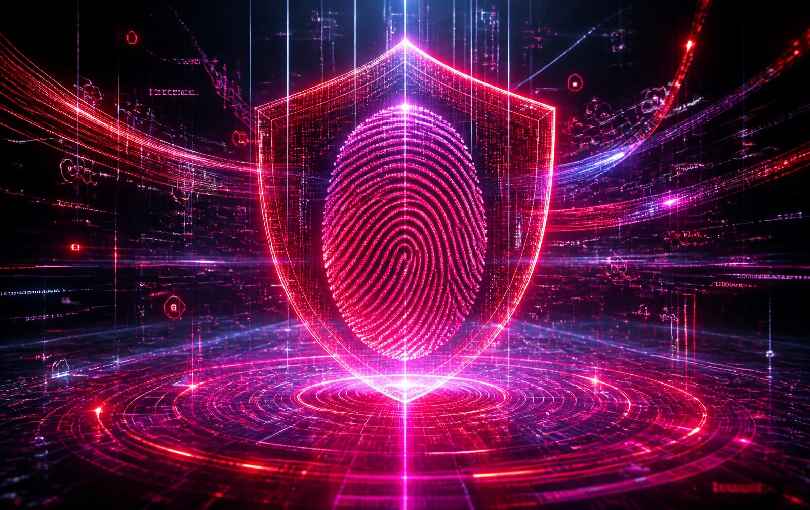 Neon holographic shield and fingerprint representing verified identity checks