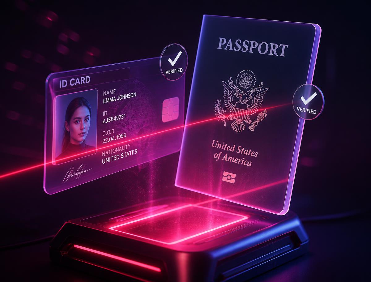 Holographic ID card and passport being scanned by pink verification lasers