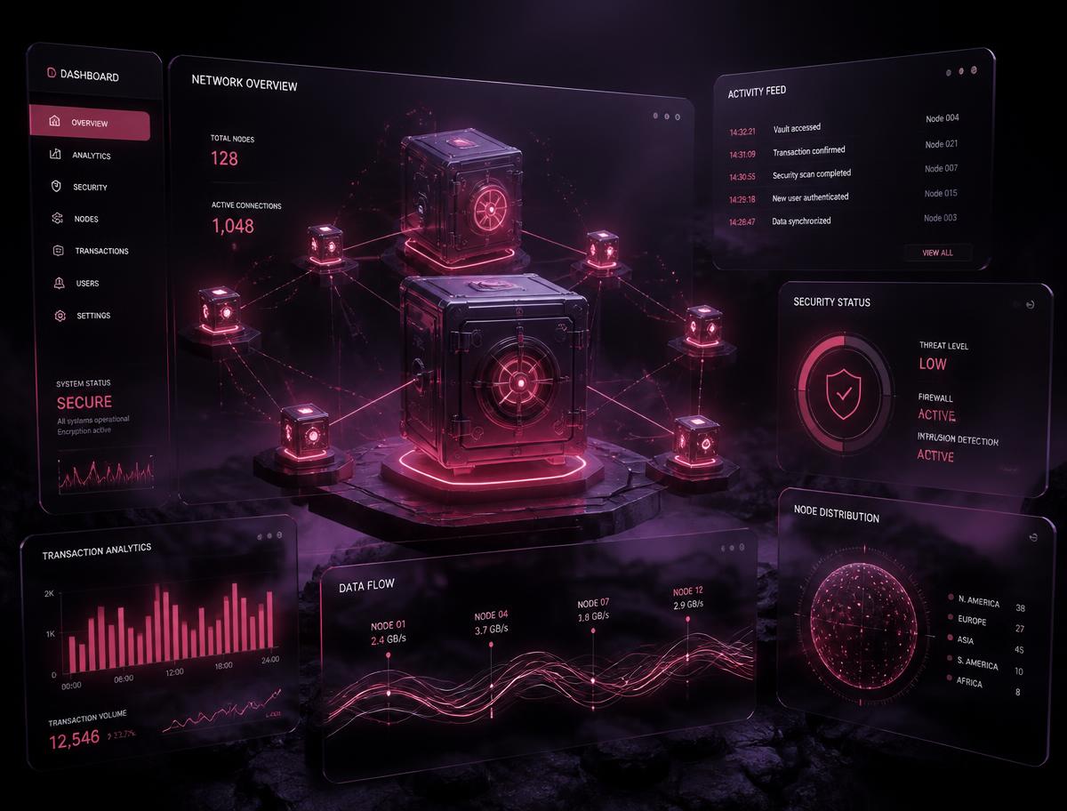 Dark cyber dashboard with crimson and pink analytics panels around a secure vault